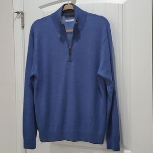 Raffi Mens 100% Merino Wool Sweater 1/4 Zip Blue/Black Trim Size Large